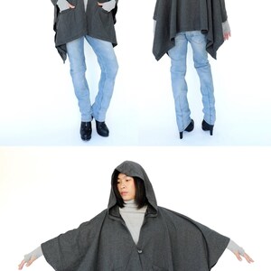 NO.163 Women's Button Front Hooded Poncho, Comfy Versatile Cape in Mottled Gray image 5