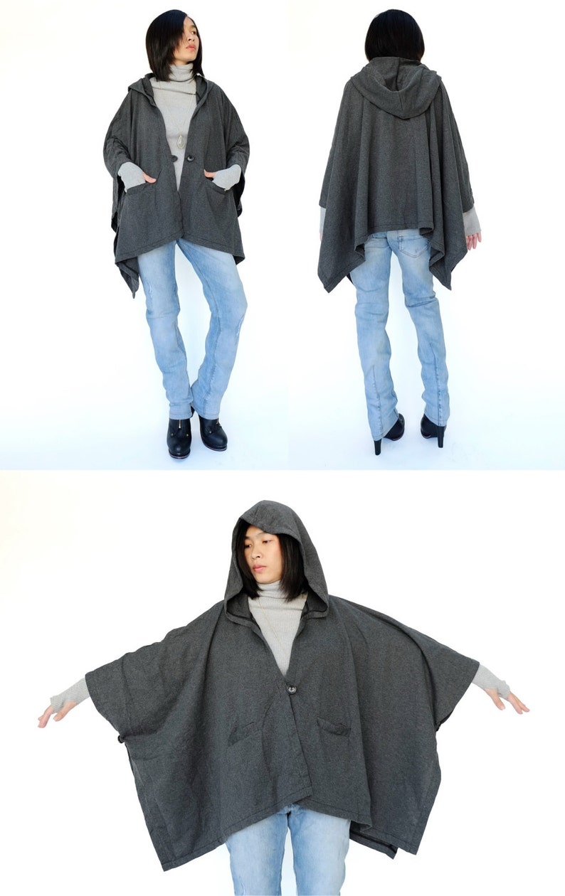 NO.163 Women's Button Front Hooded Poncho, Comfy Versatile Cape in Mottled Gray image 5