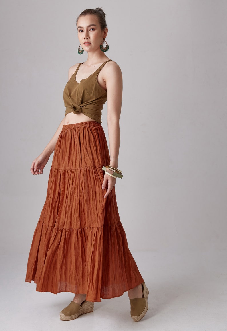 NO.5 Women's Hippie Gypsy Boho Tiered Peasant Long Maxi Skirt in Orange Ochre image 4