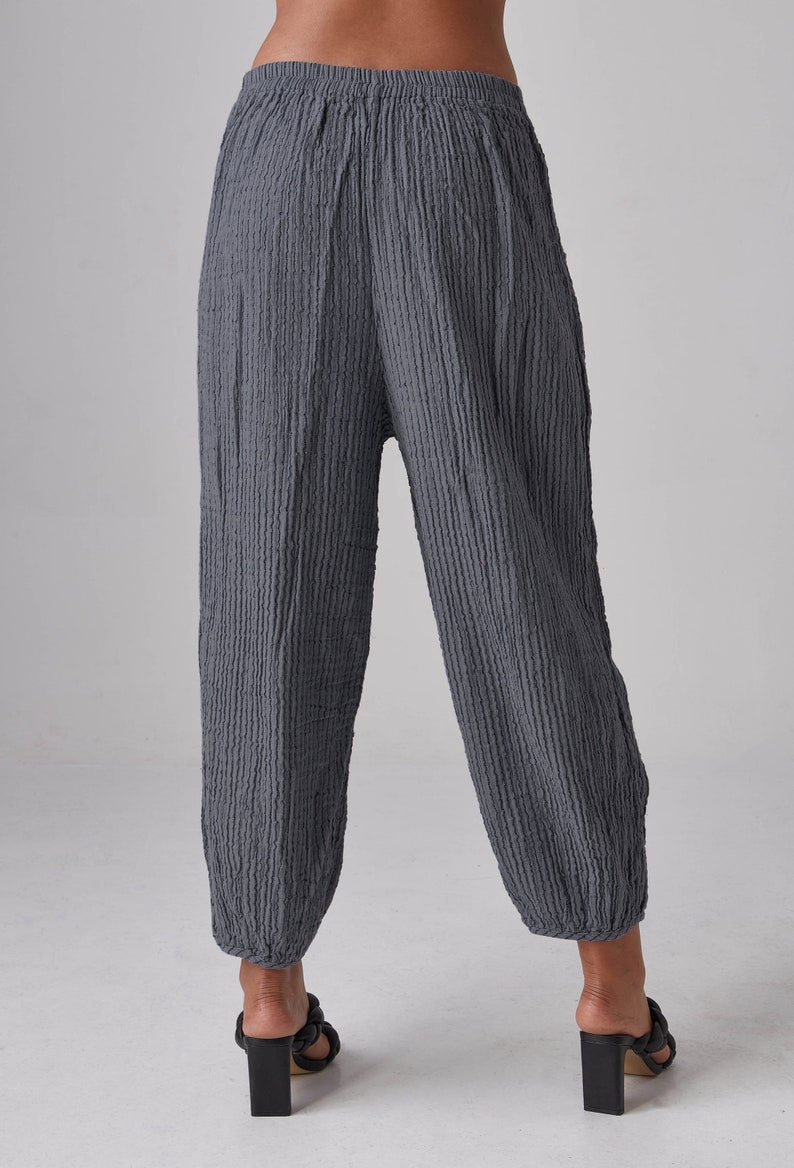 NO.266 Women's Striped Ankle Pants, Casual Cotton Relaxed Pants in Bluish Gray image 7