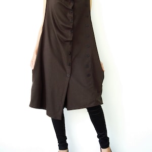 NO.67 Women&#39;s Front Effect Long Vest, Sleeveless Asymmetric Cardigan, Casual Long Top with Pockets in Brown
