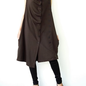 NO.67 Women's Front Effect Long Vest, Sleeveless Asymmetric Cardigan, Casual Long Top with Pockets in Brown image 1