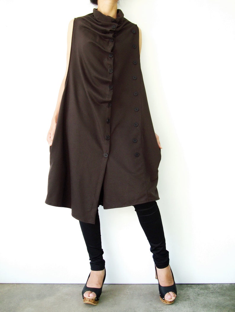 NO.67 Women's Front Effect Long Vest, Sleeveless Asymmetric Cardigan, Casual Long Top with Pockets in Brown image 1