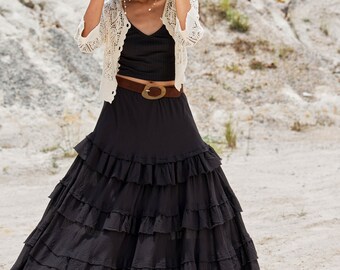 NO.303 Women's Tiered Ruffle Detail Long Skirt, Boho A-line Maxi