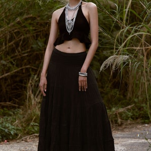 NO.305 Women's Smocked Waist Maxi Skirt, Tiered Peasant Maxi Skirt, Natural Fiber Flexible Cotton Boho Skirt in Black image 8