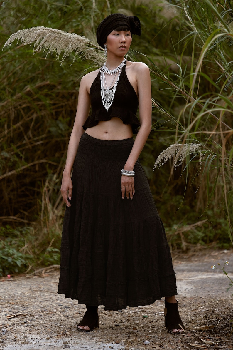 NO.305 Women's Smocked Waist Maxi Skirt, Tiered Peasant Maxi Skirt, Natural Fiber Flexible Cotton Boho Skirt in Black image 8