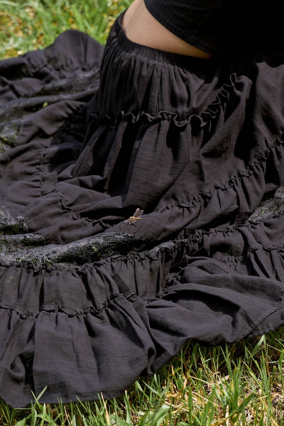 NEW NO.317 Women s Tiered Lace Insert Maxi Skirt Boho Peasant Long Skirt Cotton Maxi Skirt in Black