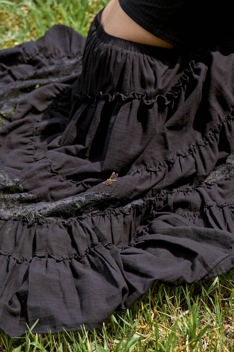NEWNO.317 Women's Tiered Lace Insert Maxi Skirt, Boho Peasant Long Skirt, Cotton Maxi Skirt in Black zdjęcie 10