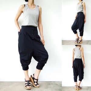 NO.64 Women's Button Front Detail Drop Crotch Harem Pants, Low Crotch Trousers, Casual Jogger Pants in Blue image 4