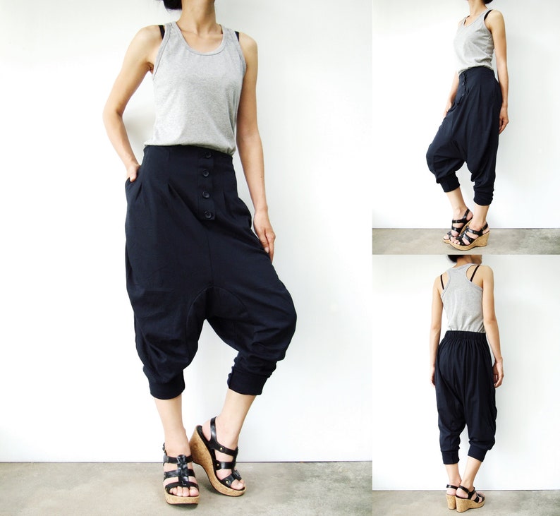 NO.64 Women's Button Front Detail Drop Crotch Harem Pants, Low Crotch Trousers, Casual Jogger Pants in Blue image 4