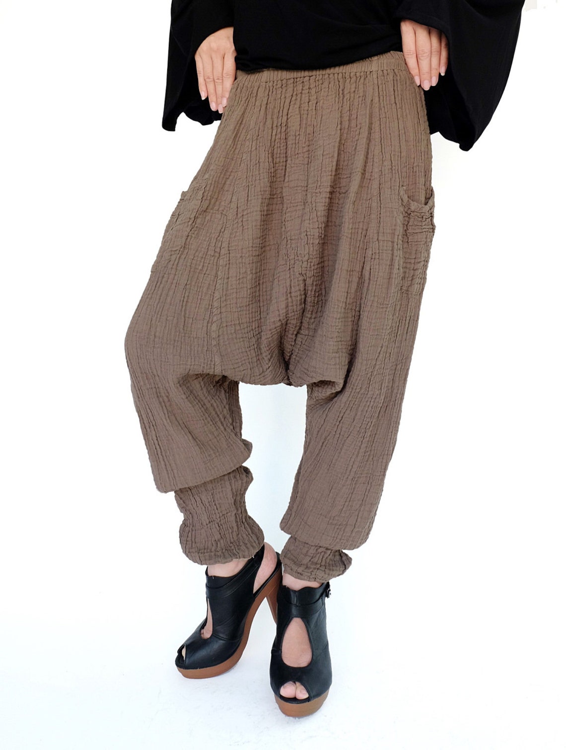 NO.162 Brown Double Cotton Gauze Harem Pants Women Dropped Etsy