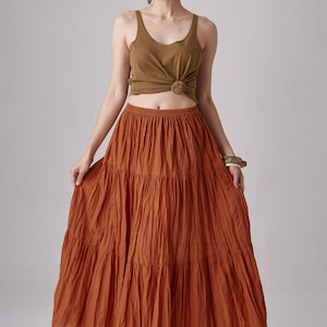 NO.5 Women's Hippie Gypsy Boho Tiered Peasant Long Maxi Skirt in Orange Ochre image 2