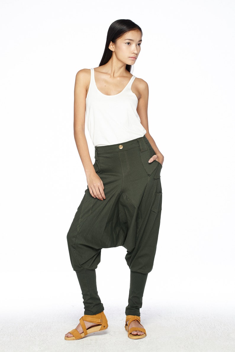 Unisex Pants NO.95 Dark Olive Cotton Jersey Casual Harem Pants Women Unique Pockets Drop-Crotch Pants