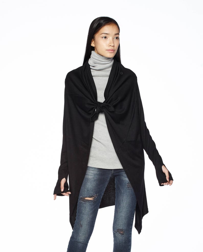 Women\u2019s Cardigan Wrap Top NO.61 Black Cotton-Blend Jersey Versatility Cardigan