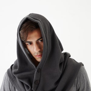 NO.97 Men's Hoodie Scarf, Hooded Cowl Buttons, Hooded Neck Warmer, Unisex Hoody Scarf in Gray image 5