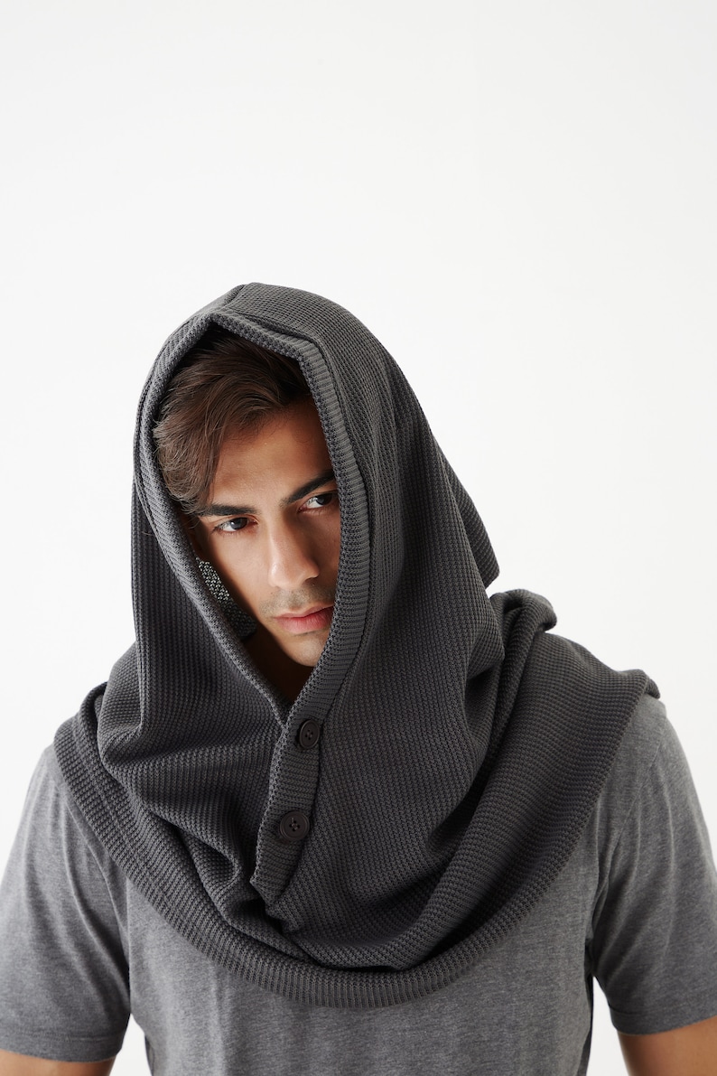 NO.97 Men's Hoodie Scarf, Hooded Cowl Buttons, Hooded Neck Warmer, Unisex Hoody Scarf in Gray image 5