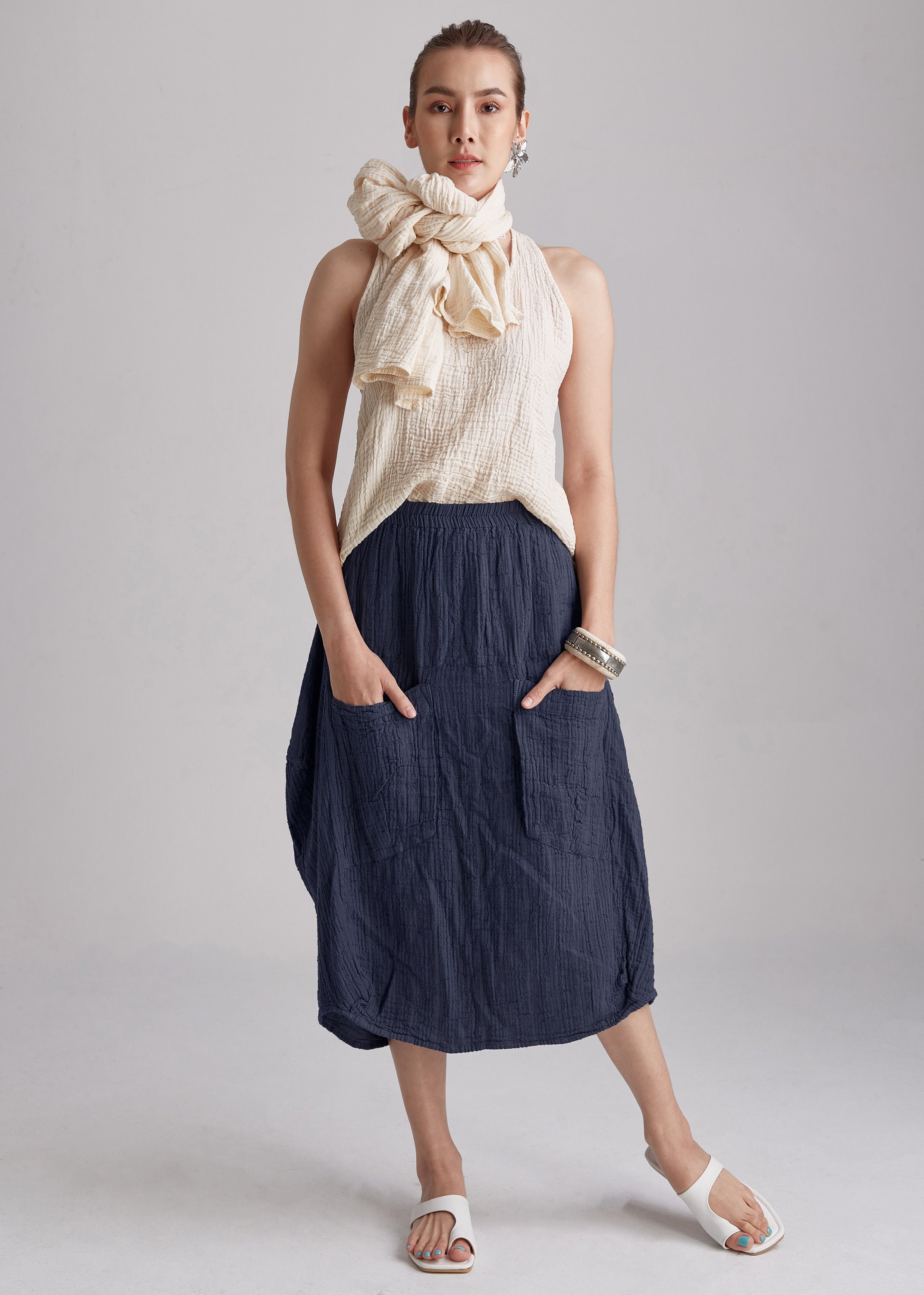NO.267 Women's Striped Patch Pocket Skirt, 100% Natural