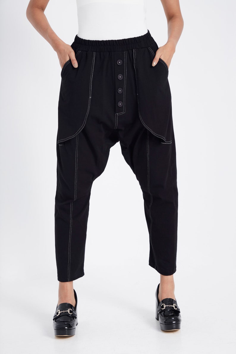 NEWNO.307 Womens Drop Crotch Harem Pants, Button Front Pants, Unisex Ankle & Cropped Pants, White Stitch Detailed Pants in Black image 2