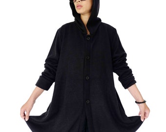 NO.127 Women's Long Sleeve Hooded Jacket, Button-Front Cocoon Jacket in Black