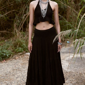 NO.305 Women's Smocked Waist Maxi Skirt, Tiered Peasant Maxi Skirt, Natural Fiber Flexible Cotton Boho Skirt in Black image 2