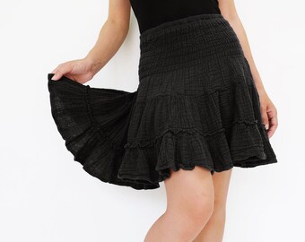 NO.202 Women s Ruffle Smocked Tube Top Tiered Peasant Mini Skirt Natural Fiber Flexible Cotton Strapless Top in Black Etsy