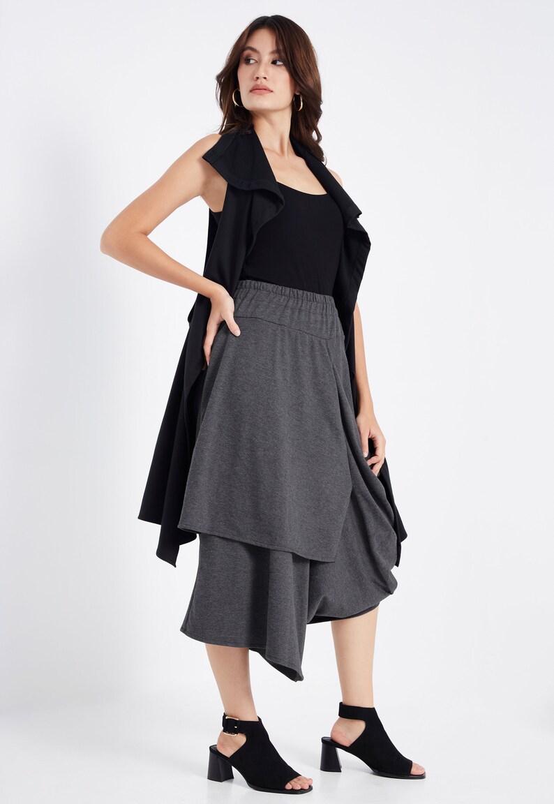 NO.187 Women's Taxidermy Asymmetric Skirt/Pants, Casual Wide Leg Trousers, Cropped Pants/Skirt in Mottled Gray image 9