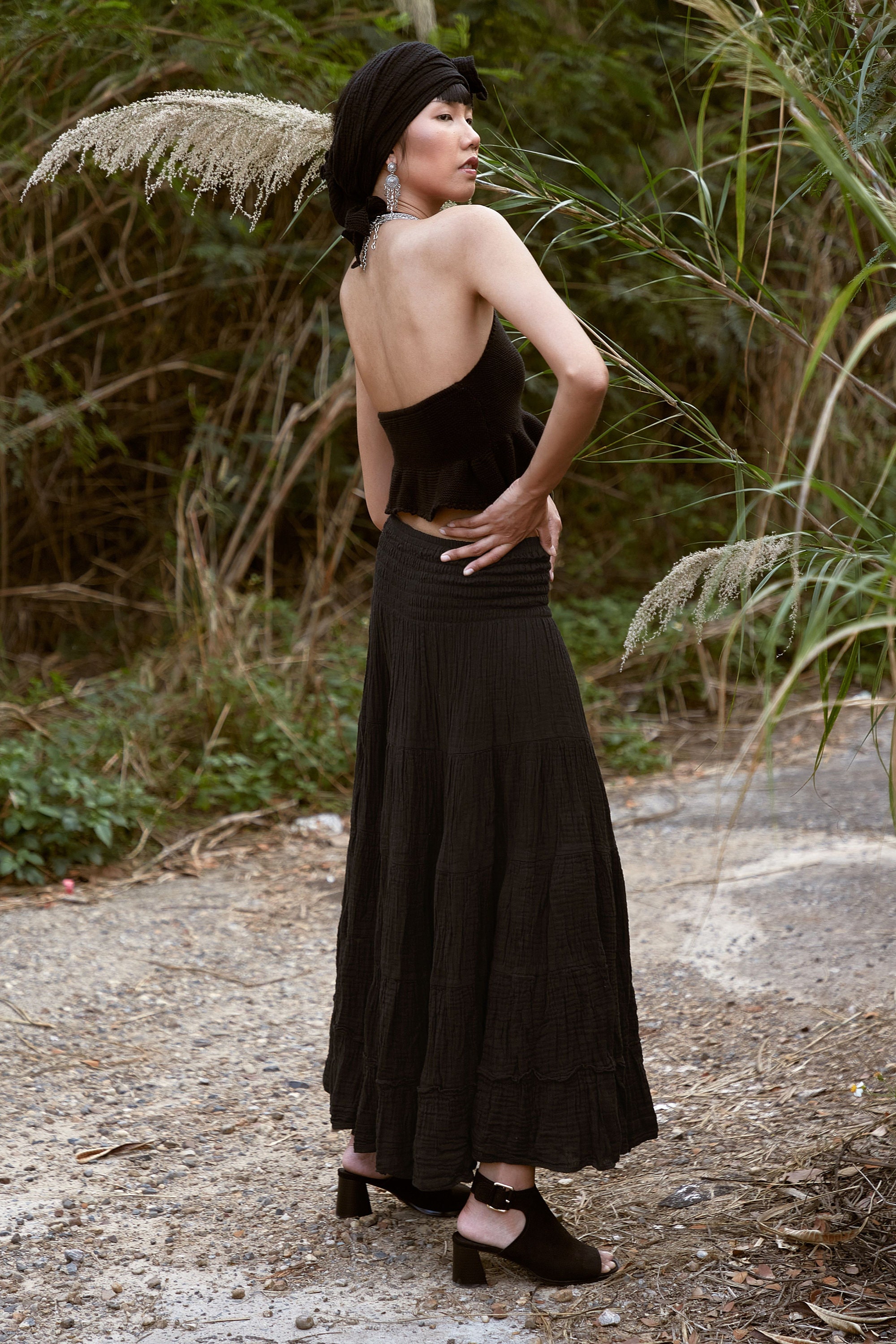 NO.305 Women's Smocked Waist Maxi Skirt, Tiered Peasant Maxi