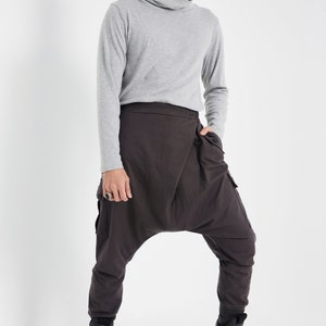 NEWNO.315 Mens Cross Front Drop Crotch Pants, Button Flap Pants, Harem Trouser with Pockets, Unisex Urban Joggers in Charcoal image 4