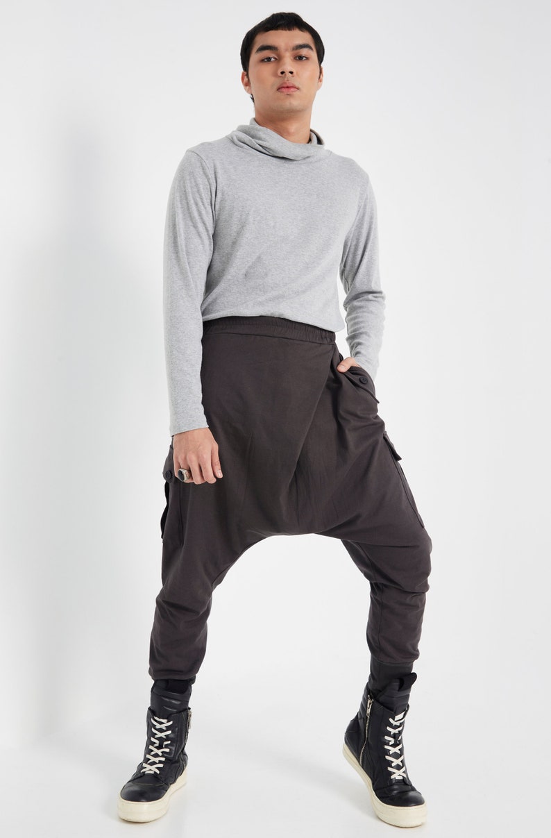 NEWNO.315 Mens Cross Front Drop Crotch Pants, Button Flap Pants, Harem Trouser with Pockets, Unisex Urban Joggers in Charcoal image 4