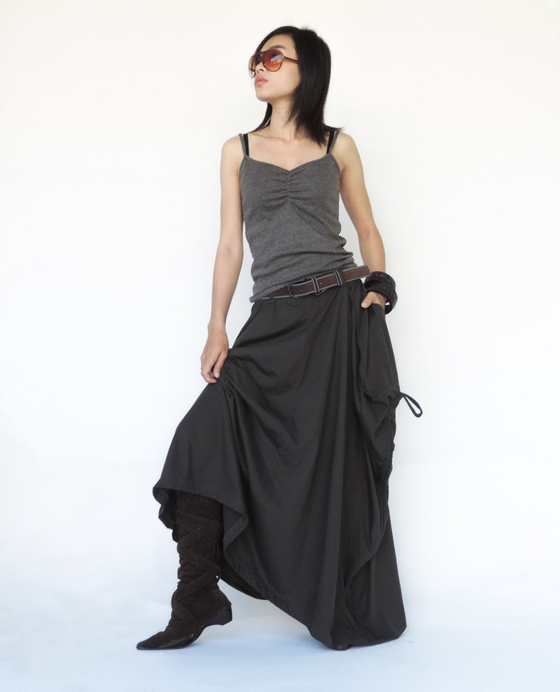 NO.123 Women's Large Patch Pocket Long Maxi Skirt #Charcoal