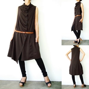 NO.67 Women's Front Effect Long Vest, Sleeveless Asymmetric Cardigan, Casual Long Top with Pockets in Brown image 4