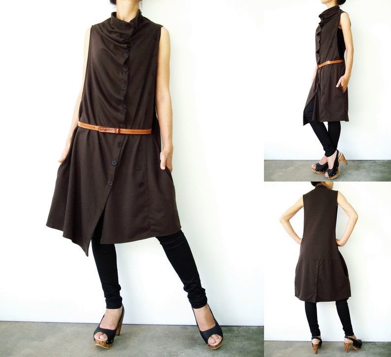 NO.67 Women's Front Effect Long Vest, Sleeveless Asymmetric Cardigan, Casual Long Top with Pockets in Brown image 4