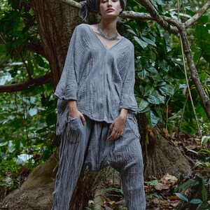 NO.276 Women's V Neck Kaftan Top, Loose Casual Summer Top, Natural Fiber Flexible Cotton Beachwear Caftan in Gray image 7