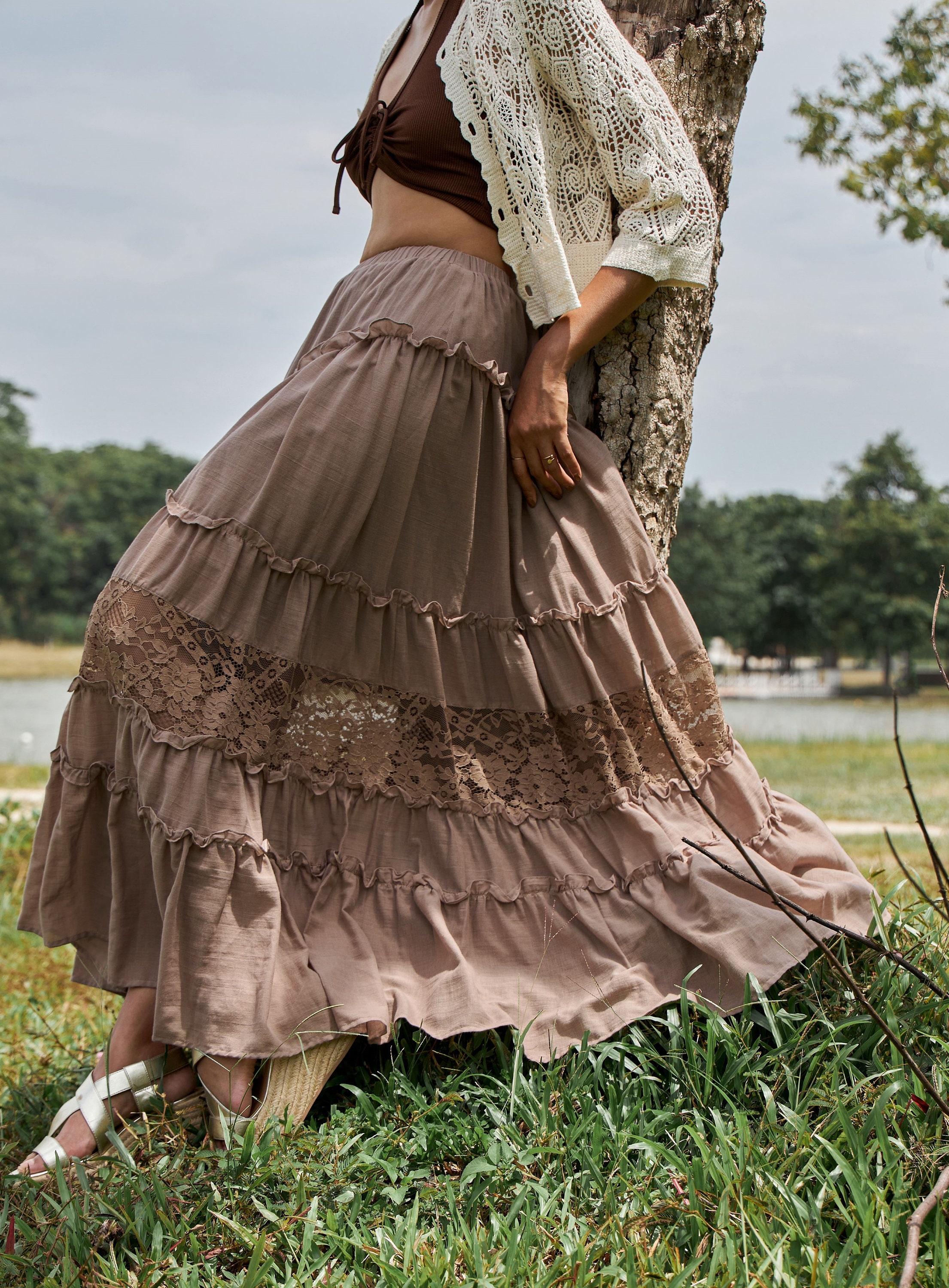 NEWNO.317 Women's Tiered Lace Insert Maxi Skirt, Boho Peasant Long Skirt,  Cotton Maxi Skirt in Beige - Etsy