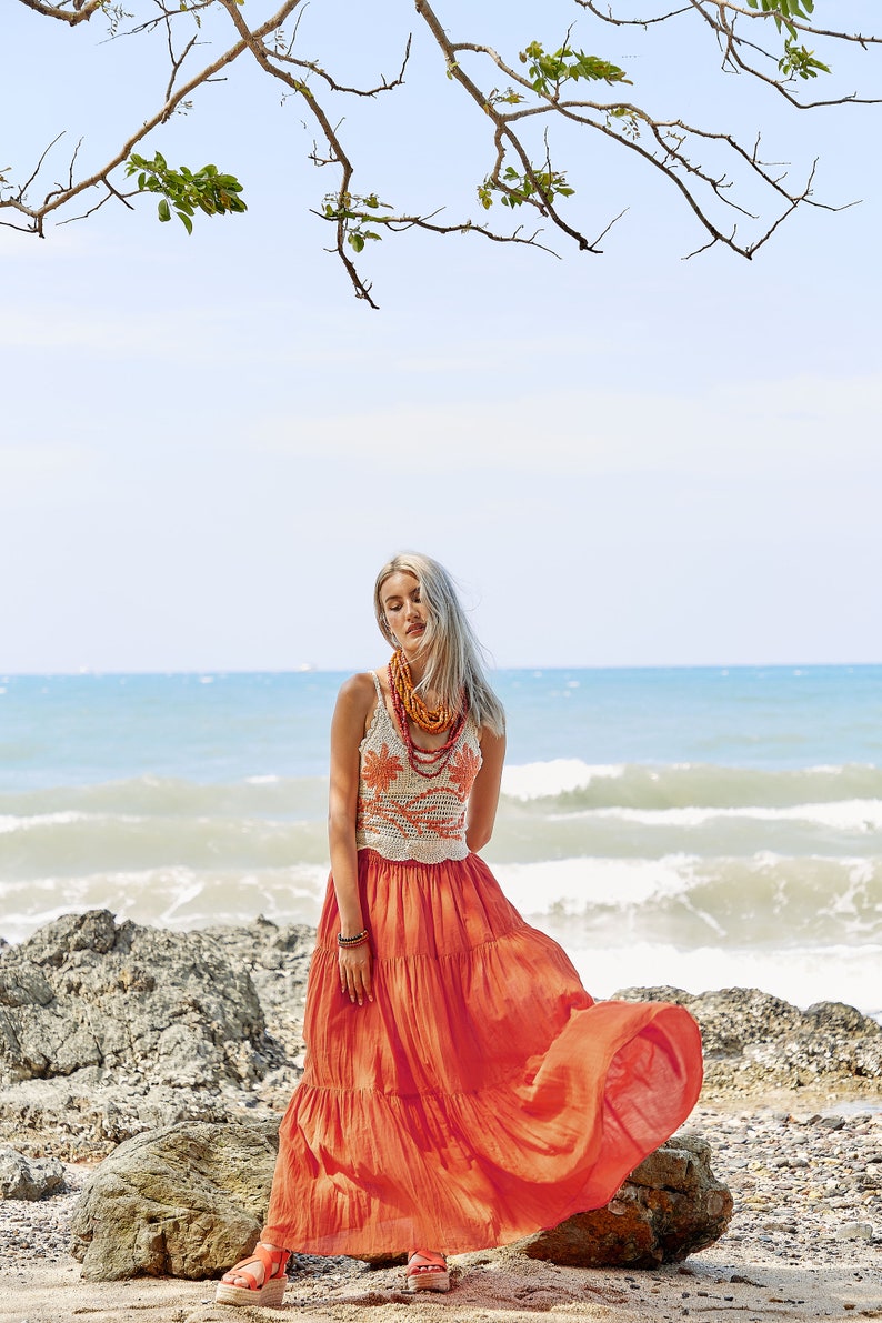 NO.5 Women's Hippie Gypsy Boho Tiered Peasant Long Maxi Skirt in Orange image 2