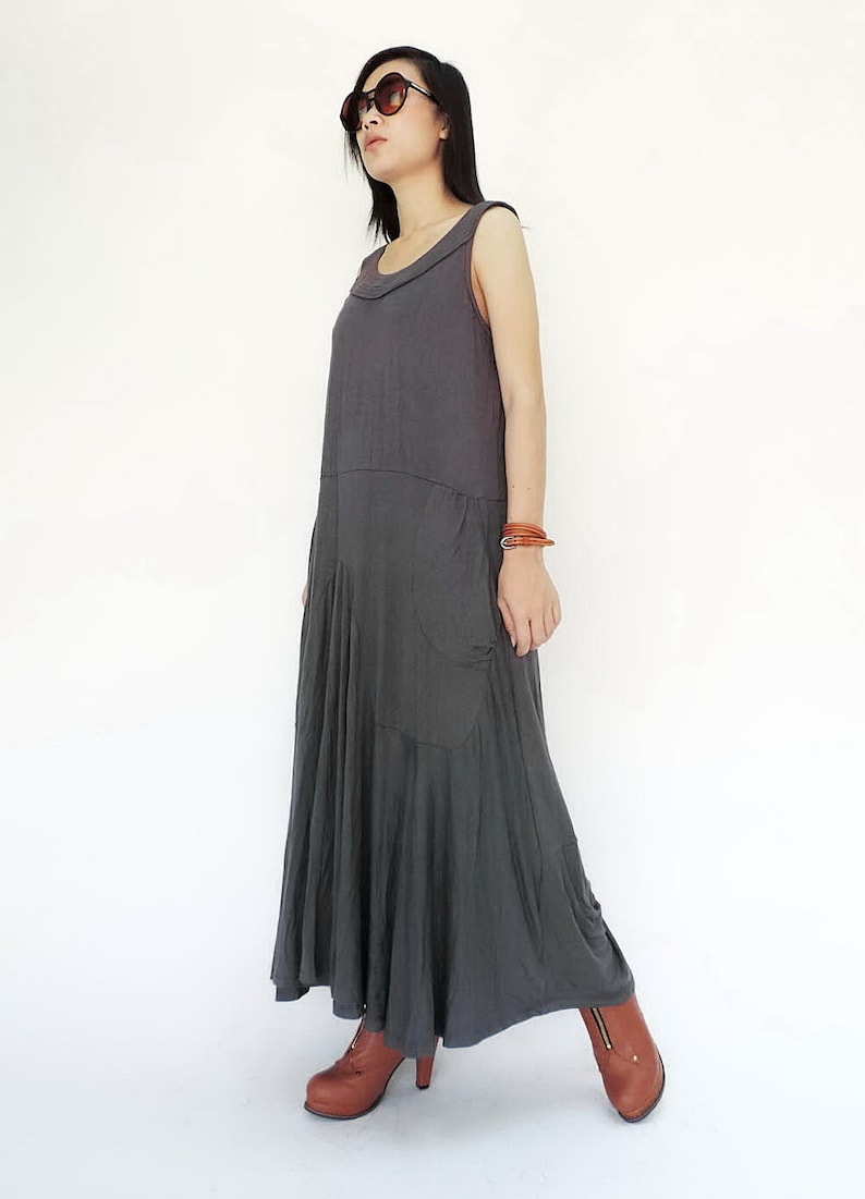 NO.129 Women's Softly Softly Sleeveless Maxi Dress, Sleeveless Swing Long Dress in Gray image 5