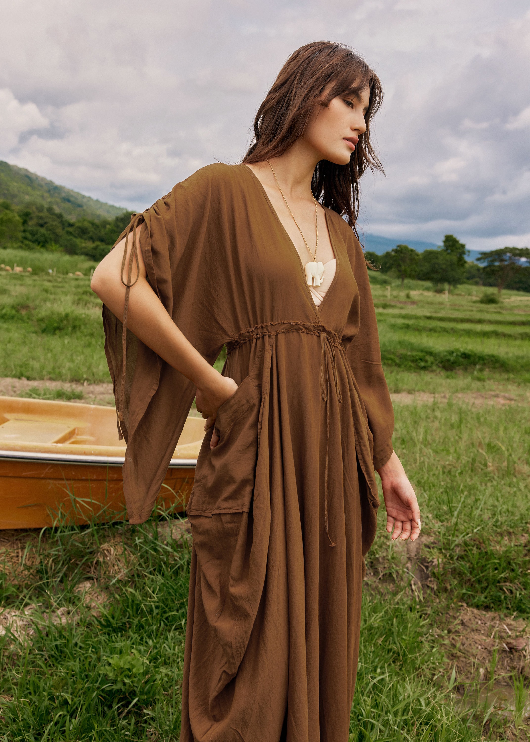 NO.296 Women's Butterfly Sleeve Deep V-neck Maxi Dress