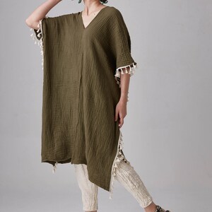 NO.287 Women's Fringe Trimmed Kaftan, Resort Dress, Boho Caftan Dress, Natural Fiber Flexible Cotton Kaftan in Olive image 3