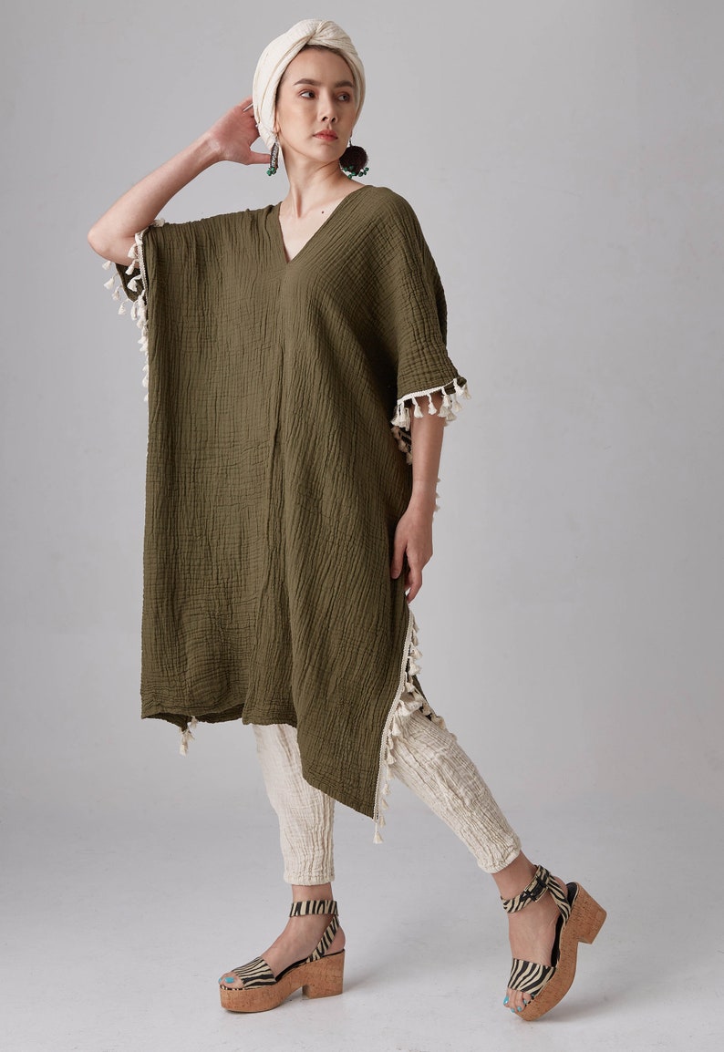 NO.287 Women's Fringe Trimmed Kaftan, Resort Dress, Boho Caftan Dress, Natural Fiber Flexible Cotton Kaftan in Olive image 3