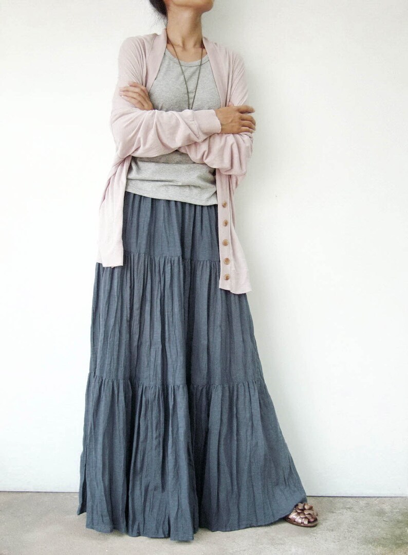 NO.5 Bluish Gray Cotton Gauze Hippie Gypsy Boho Tiered Long Etsy