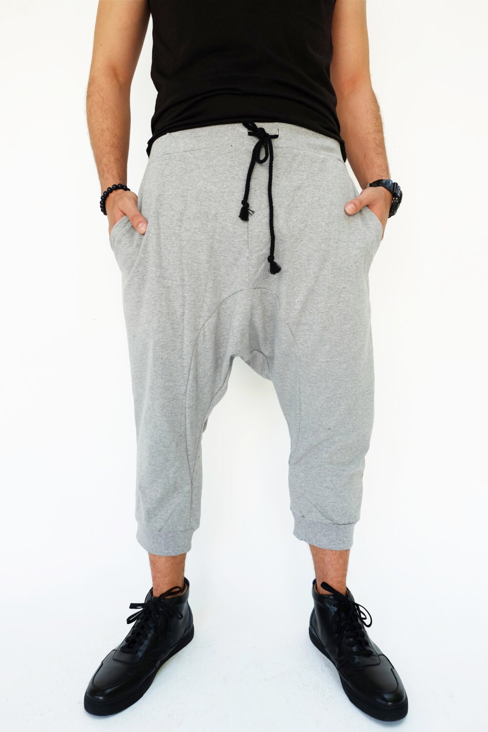 NO.191 Men's Cropped Drop Crotch Sweatpants, Harem Jogger Pants, Urban  Fashion Pants in Heather Gray 