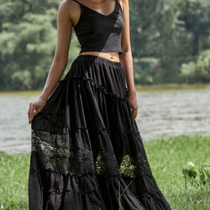 NEWNO.317 Women's Tiered Lace Insert Maxi Skirt, Boho Peasant Long Skirt, Cotton Maxi Skirt in Black image 2