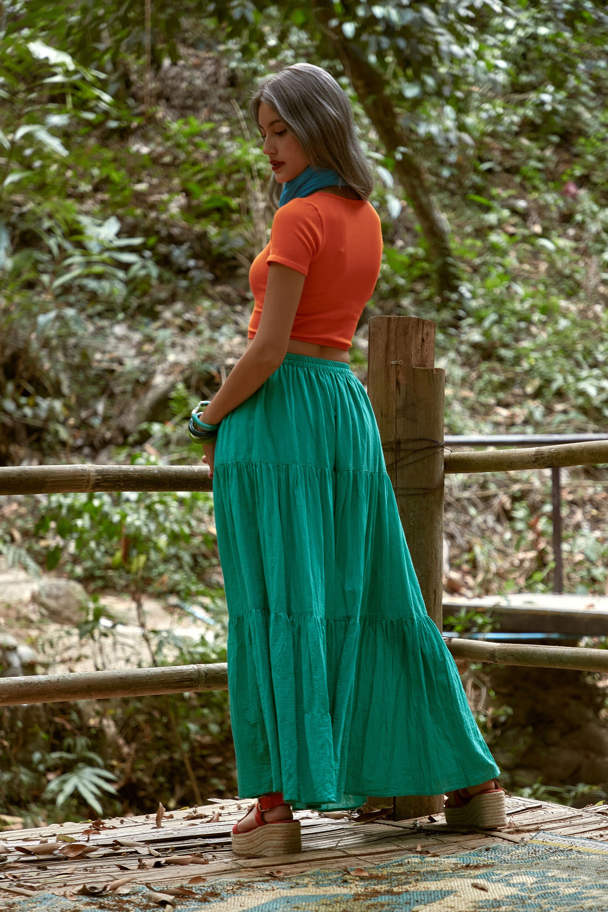 NO.5 Women s Hippie Gypsy Boho Tiered Peasant Long Maxi Skirt in Solid Green Sea Etsy Canada