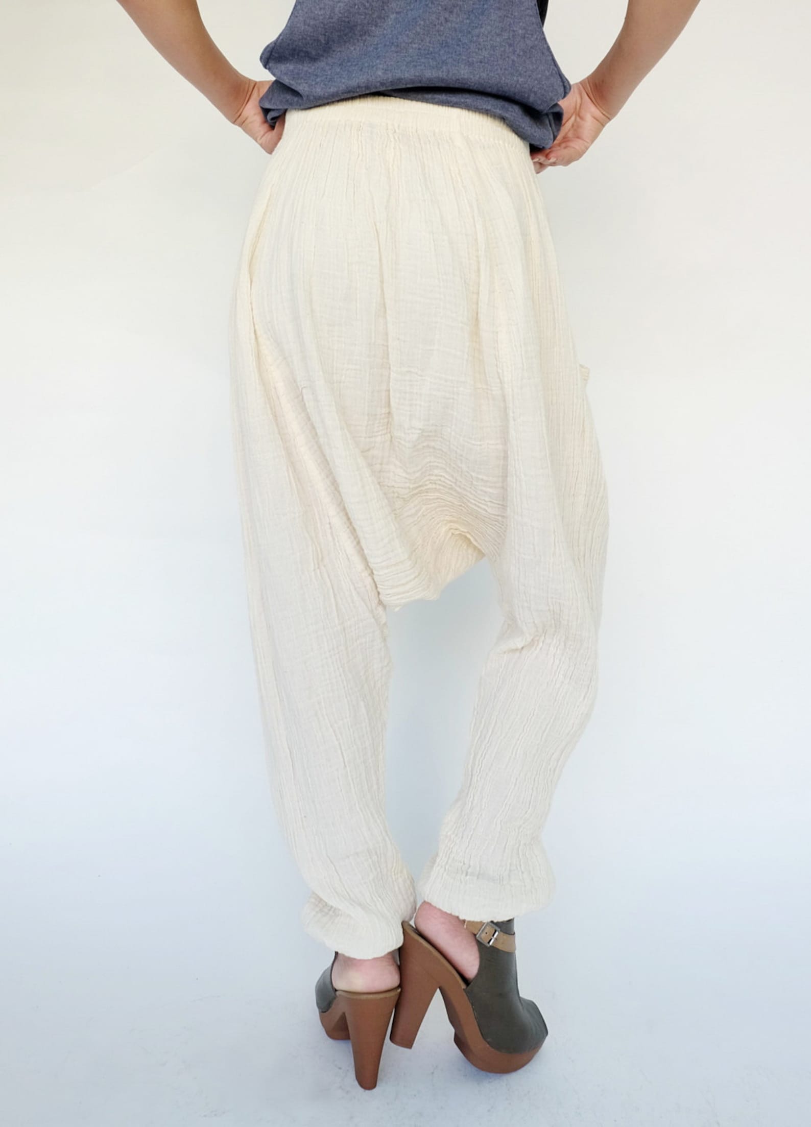 NO.162 Cream Double Cotton Gauze Harem Pants Women Dropped Etsy