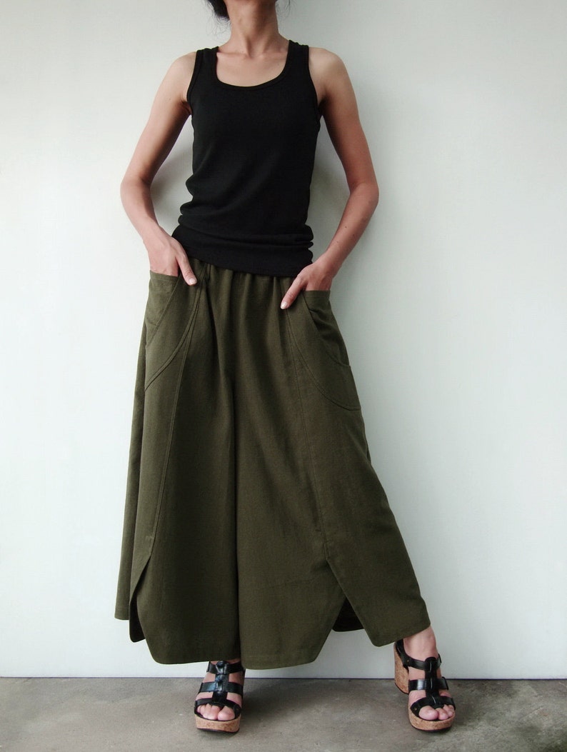 NO.41 Womens Wide Leg Palazzo Pants, Casual Loose Fitting Trousers in Dark Olive image 5