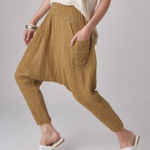 NO.289-1 Women&#39;s Geometric Stitched Pattern Woven Harem Pants, Boho Drop Crotch Pants, Natural Fiber Flexible Cotton Pants in Mustard Yellow