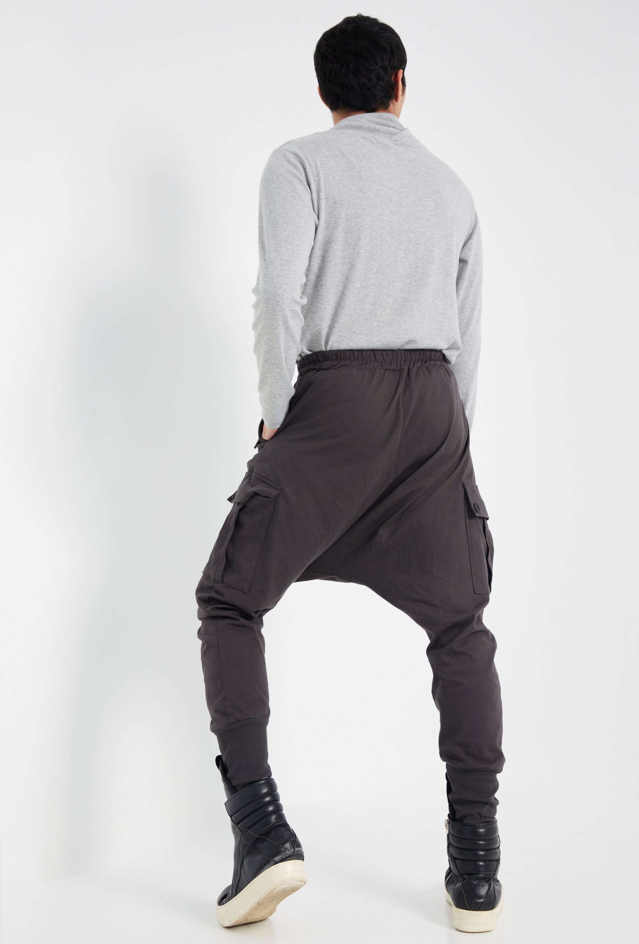 NO.315 Men's Cross Front Drop Crotch Pants, Button Flap Pants