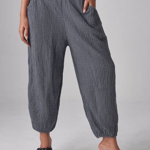 NO.266 Women's Striped Ankle Pants, Casual Cotton Relaxed Pants in Bluish Gray image 3