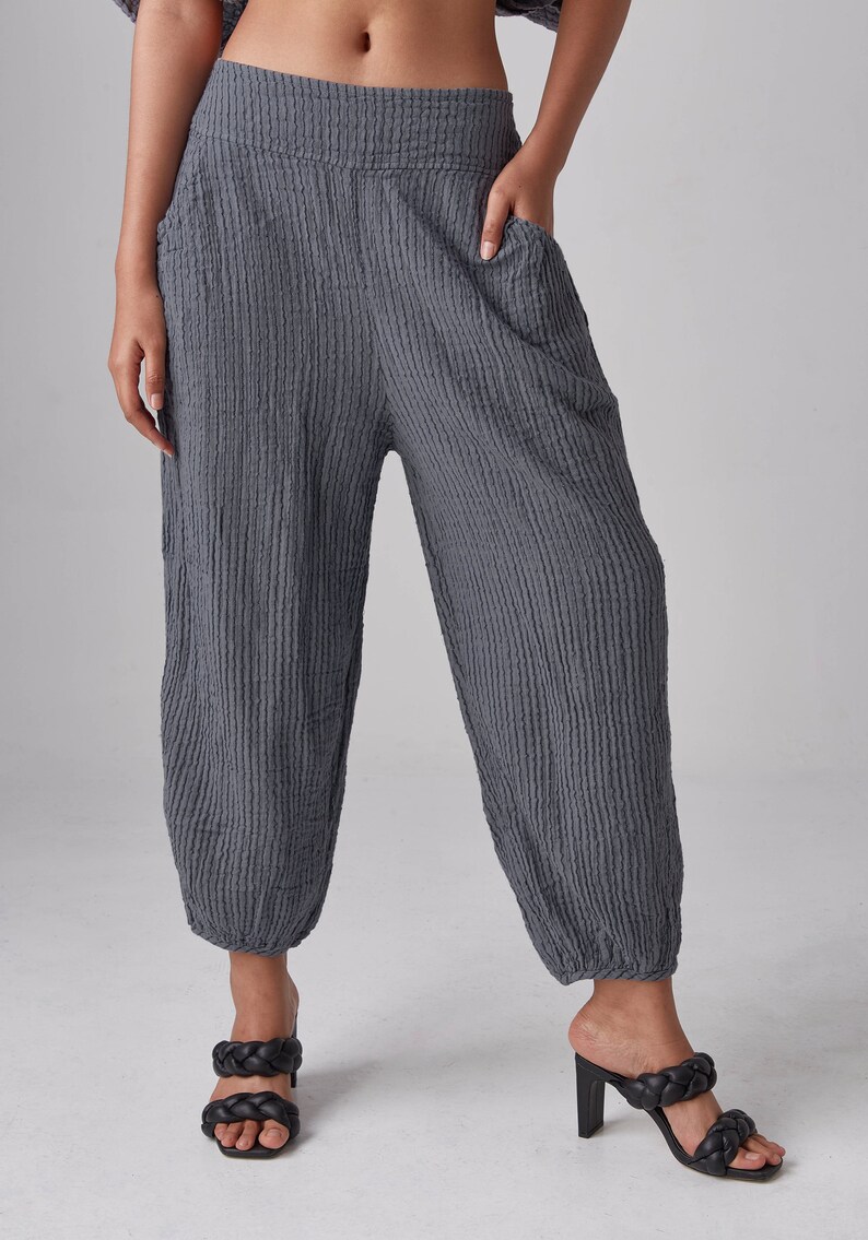 NO.266 Women's Striped Ankle Pants, Casual Cotton Relaxed Pants in Bluish Gray image 3