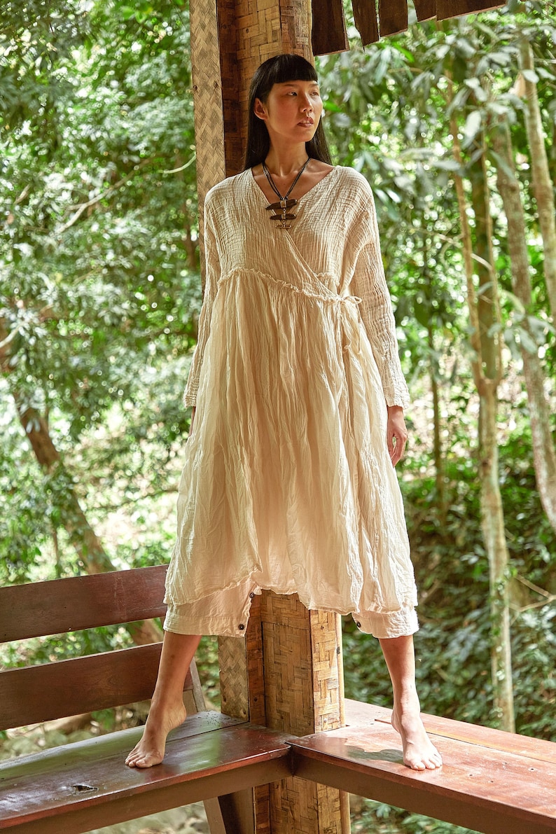 NO.251 Long Sleeve Wrap Dress, Casual Summer Dress, Natural Fiber Flexible Cotton Long Cardigan in Cream image 1
